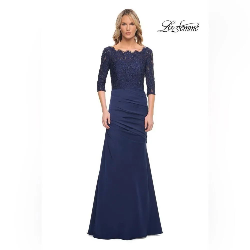La Femme 24926 Sparkle Lace Trumpet Gown Navy Women's Size 14